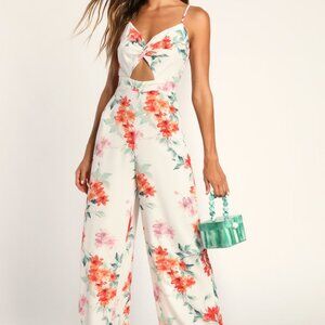 Lulus Bountiful Beauty White Floral Print Cutout Wide-leg Jumpsuit - Size XL